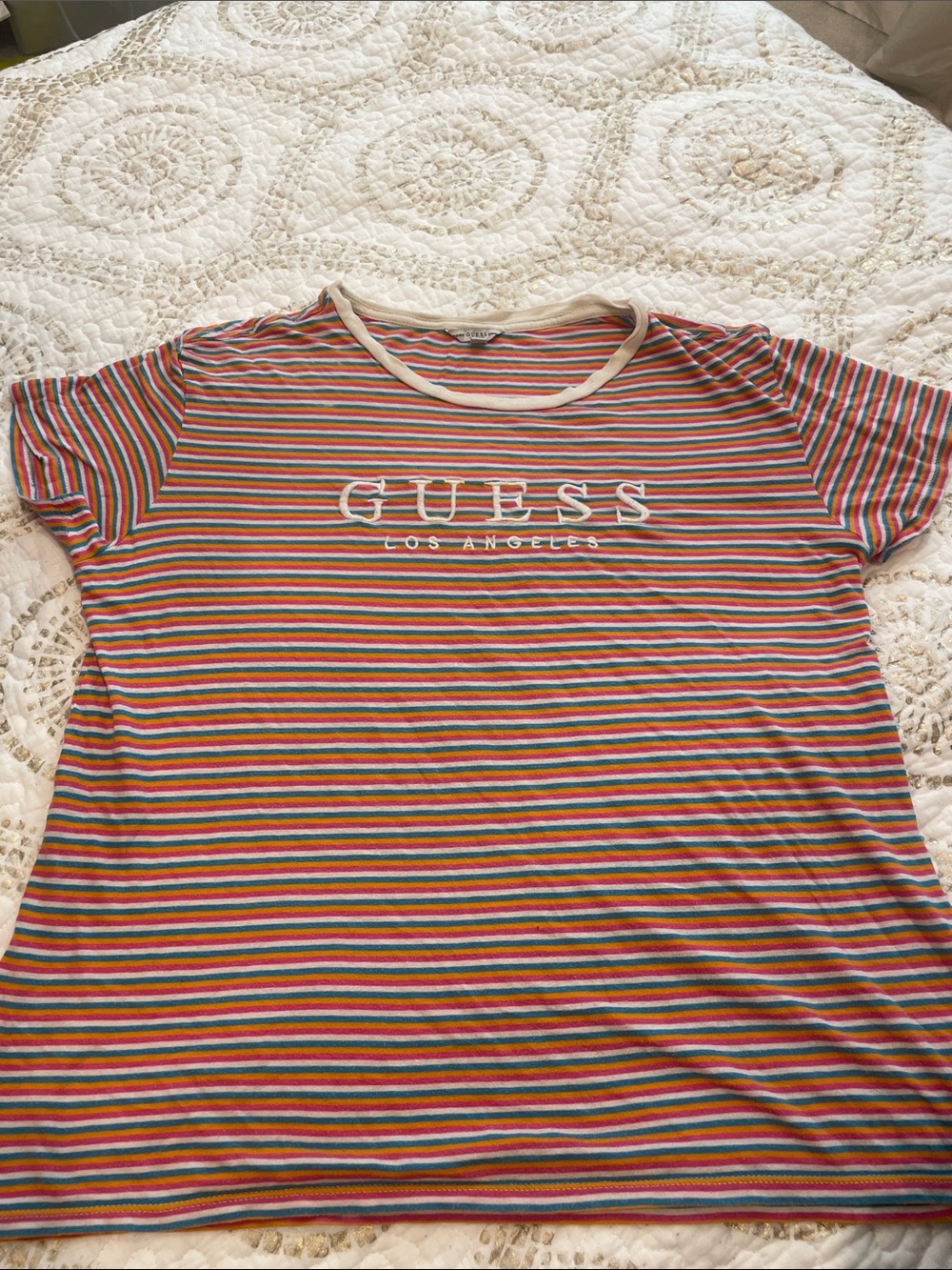 GUESS Multi-Color Striped Logo Tee - Red/Blue/Green